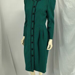 Vintage 80s R&K Collections Emerald Green Black Gingham Button Down Puff Sleeve
